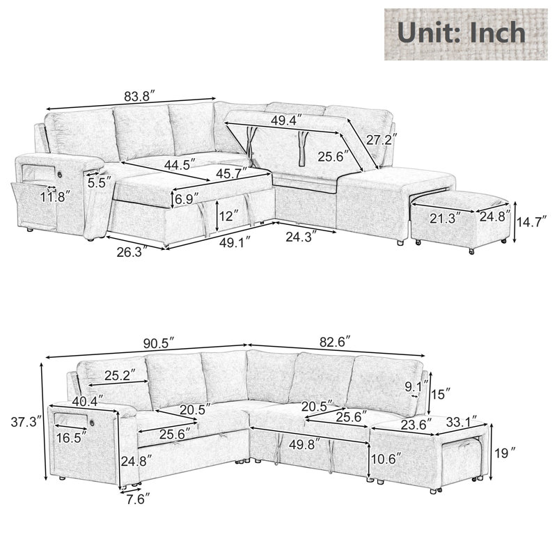 Canapé rembourré avec espace de rangement et ports USB, Polyester beige