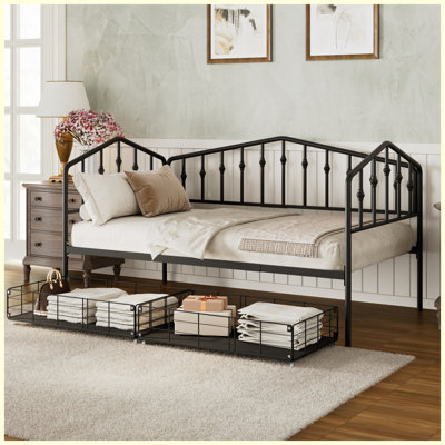 Lit de jour en métal pour une personne, avec 2 tiroirs de rangement coulissants, design contemporain élégant, sans sommier, noir
