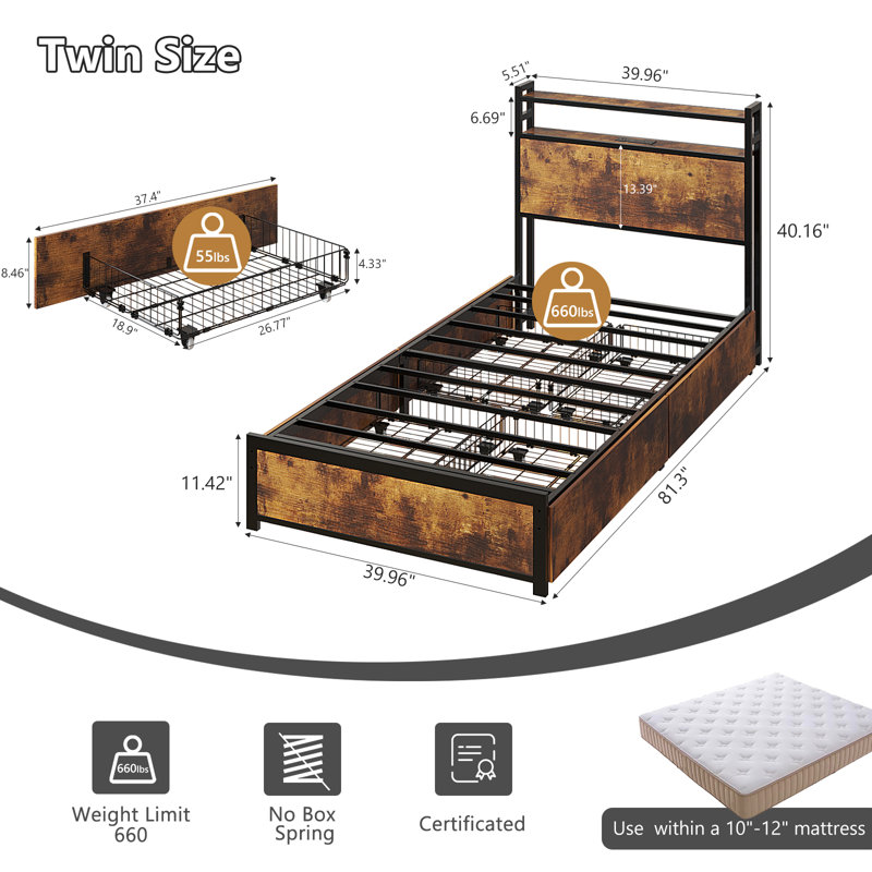 Bed Frame With 2-Tier Storage Headboard, Metal Platform Bed Frame With 4 Storage Drawers, Built In Charging Station And LED, Metal Support/No Box Spring Needed, Vintage Brown