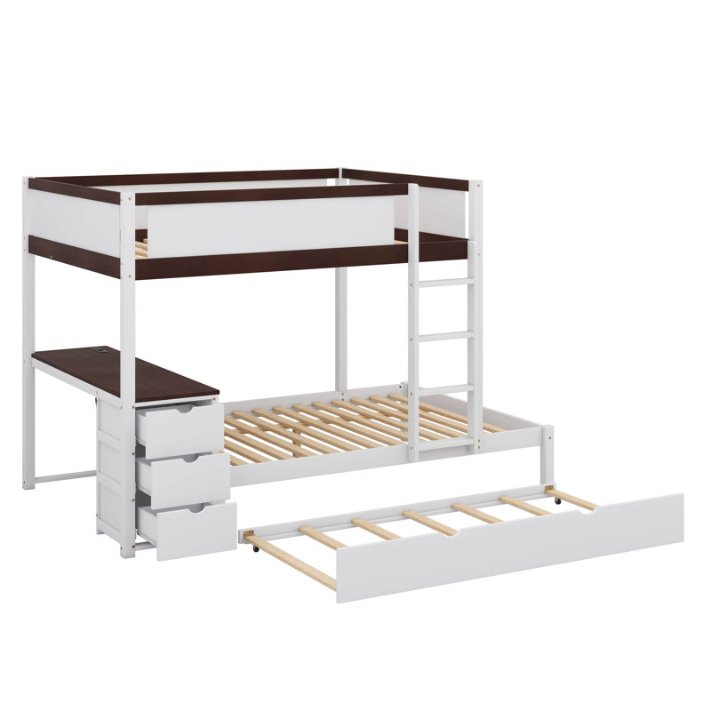 Full-Over-Full Bunk Bed With Twin Trundle, Storage Space & Desk, Full over Full, White/Walnut