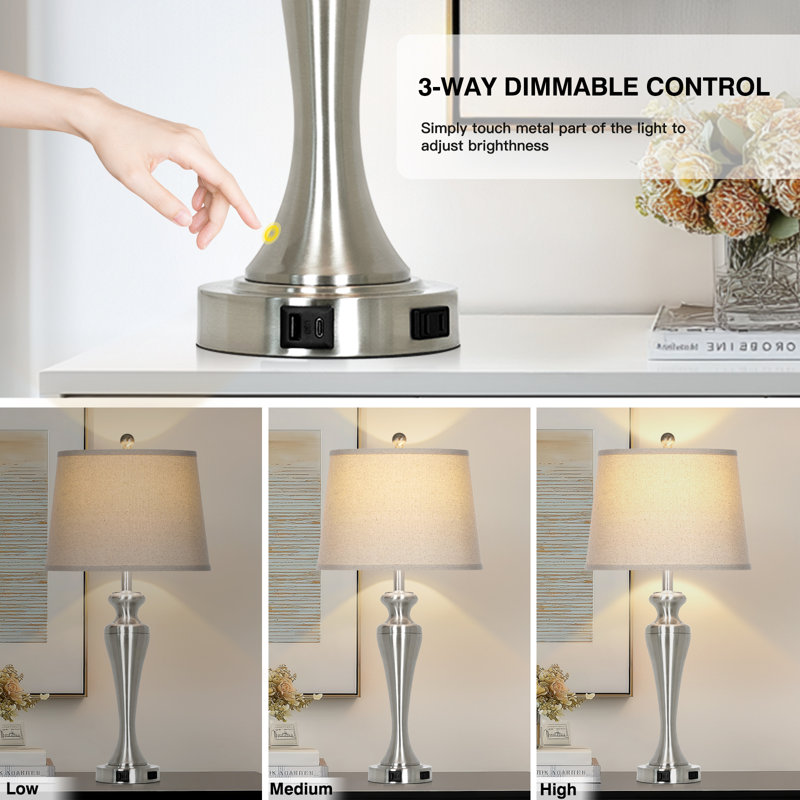 30” Touch Control Table Lamp Set With Usb & Type-c Ports, Led Bulb Included, Silver