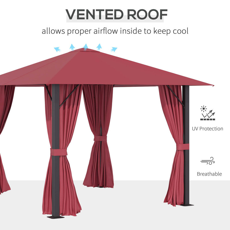 Patio Gazebo, Outdoor Gazebo Canopy Shelter With Netting & Curtains, Vented Roof, For Garden, Lawn, Backyard And Deck, Red