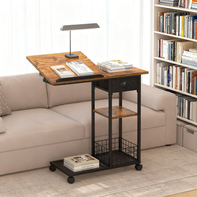 Table de bout réglable en forme de C avec plateau inclinable, tiroir et panier de rangement, roulettes pour le salon, la chambre à coucher et le canapé