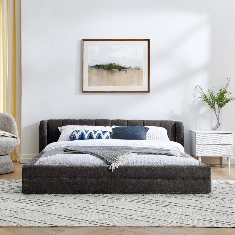  Structure de lit tapissier avec tissu épais, lit plateforme en chenille avec tête de lit et structure solide (87 po x 67 po x 23,5 po)