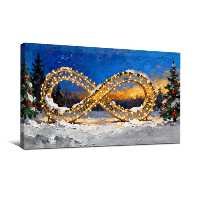 Scène de Noël enneigée de Noël avec symbole de l'infini doré, H 20 po x l 40 po