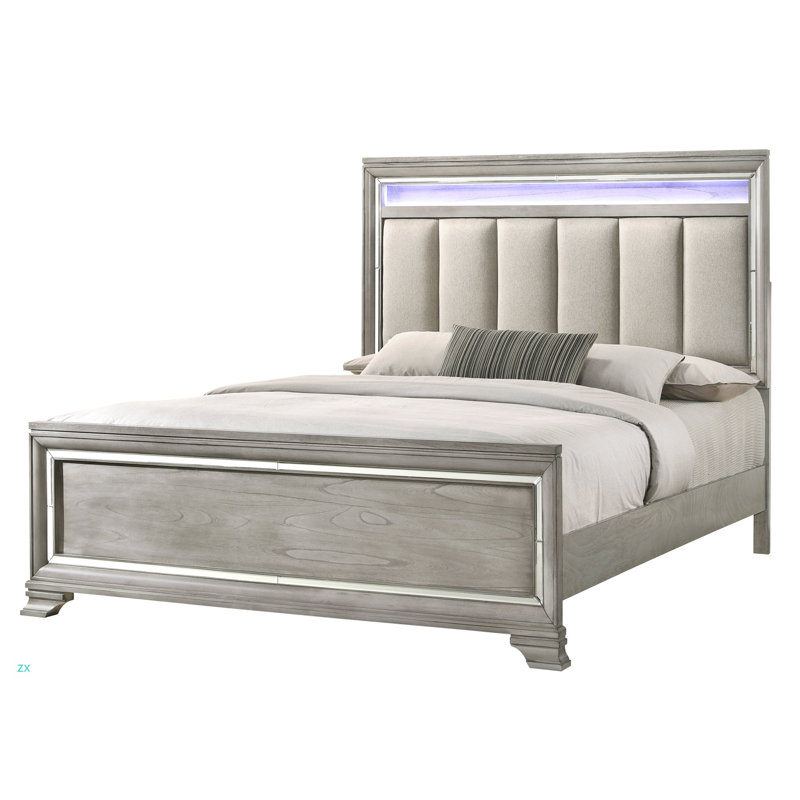 1pc très grand lit à panneau avec éclairage à DEL intégré tête de lit capitonnée grain de bois finition bois doux meubles en bois massif
