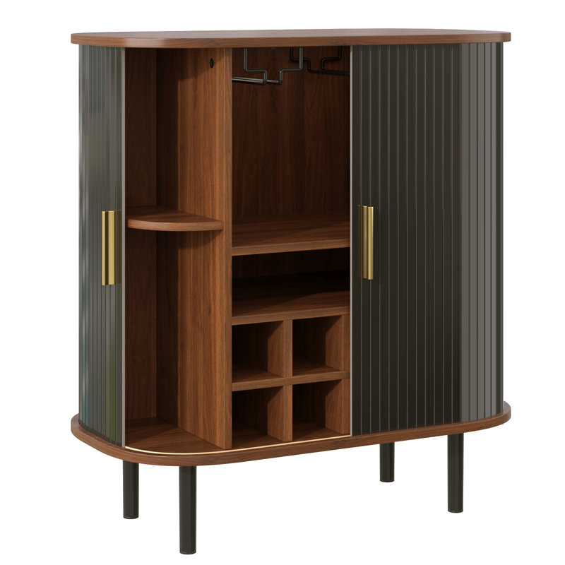 Fluted Wine Bar Cabinet with Adjustable Shelves,Wine Rack,and Hidden Storage for Modern Living Spaces, Black