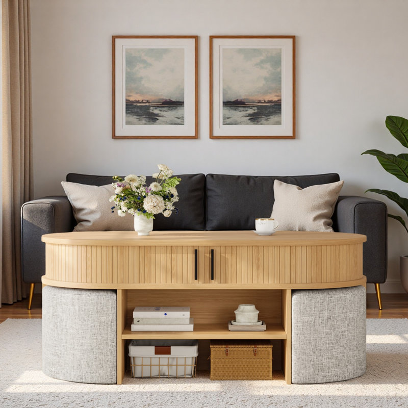 Table basse multifonctionnelle ovale avec rangement caché à lattes, compartiment de rangement ouvert et 4 tabourets courbés rembourrés