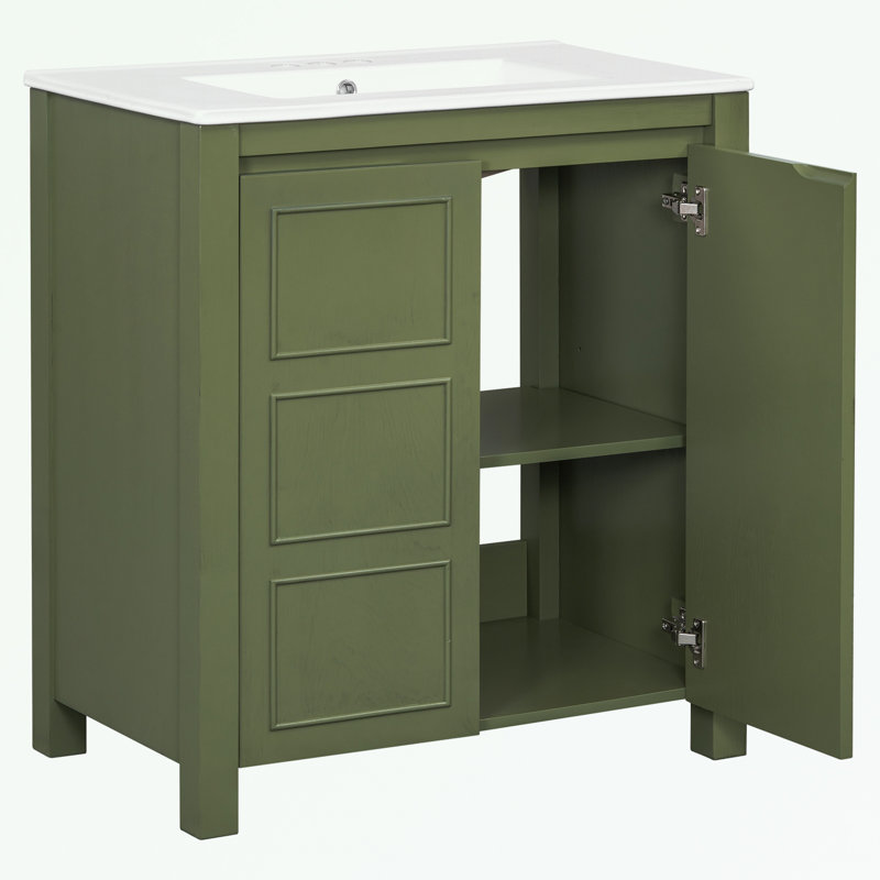 Bathroom Vanity with Ceramic Sink and Adjustable Shelf, Olive