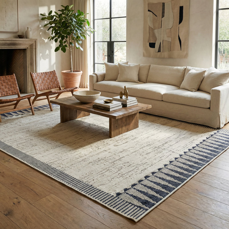 Rug Branch Selene 8' x 10' (7'10" x 10') Cream/Blue Geometric Indoor Area Rug, Contemporary, Low Pile, Stain-Resistant Carpet - Living Room, Bedroom, Dining Room, and Kitchen