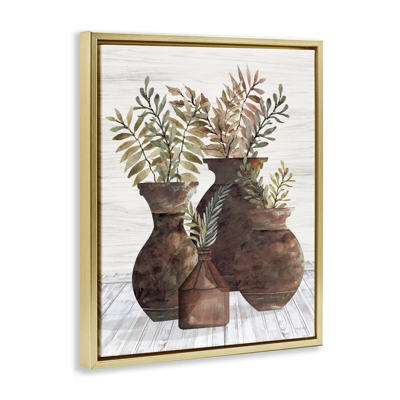 «Rustic Pottery Plants», art mural encadré sur toile flottante par Cindy Jacobs, Cadre flottant métallique doré