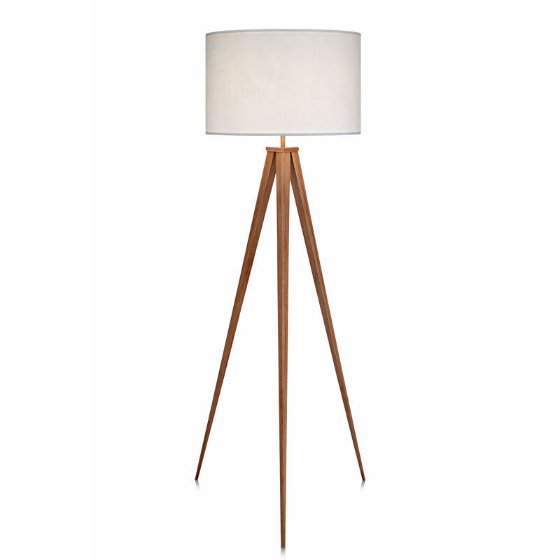 Natural Wood Tripod Floor Lamp with White Drum Shade