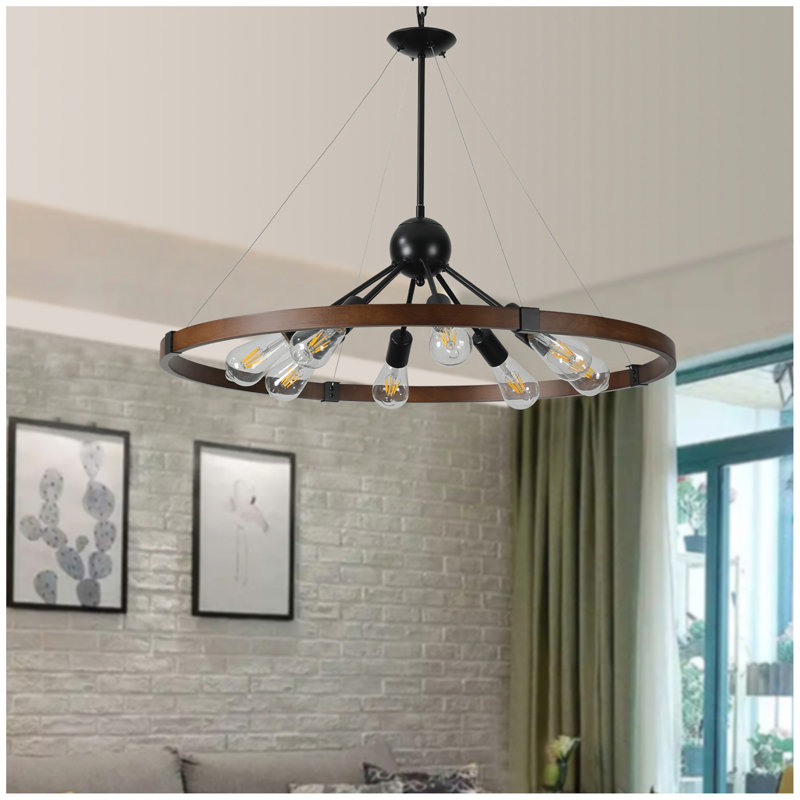 Lustre 8 lumières rétro pour cuisine, salon, salle à manger rouge et noyer (sans ampoules)