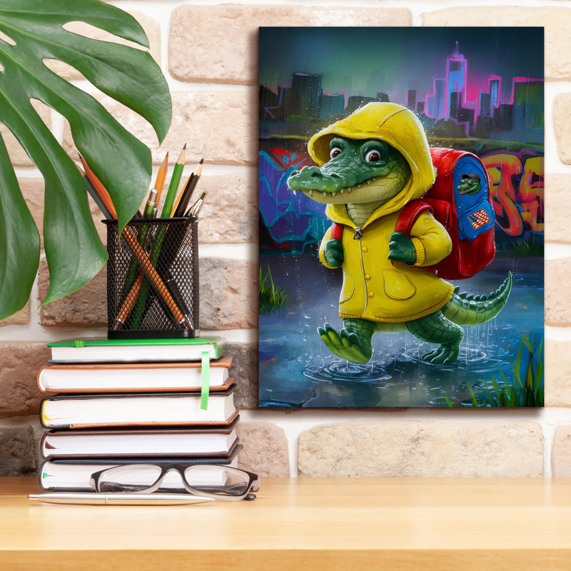 «Baby Croc Going To School» par Andreas Magnusson, art mural sur toile, 12 po x 16 po, H 16 po x l 12 po x P 0,75 po