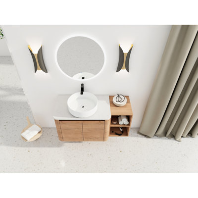 Meuble-lavabo de 42 po pour la salle de bain, lavabo d'art en céramique, 1 tablette de rangement, 2 portes à fermeture en douceur, dalle de pierre blanche