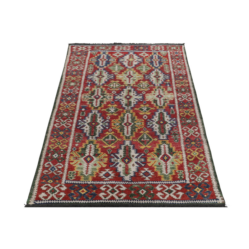 Caucasian Rug In Red, Green And White Geometric Pattern By Rug & Kilim, Rectangle 8' x 10'