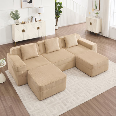 Canapé modulaire modulaire à 3 places en forme de U sans os, canapé modulaire Cloud avec assise profonde, canapé modulaire moderne à 3 places avec coussins décoratifs et 2 repose-pieds amovibles, tissu en velours côtelé
