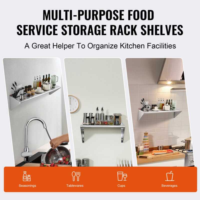 14" x 48" Stainless Steel Wall Mounted Kitchen Shelf