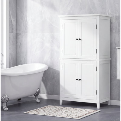 White Freestanding Bathroom Storage Cabinet with 4 Doors, Adjustable Shelves, MDF Floor Cabinet for Bathroom, Laundry Room, Office