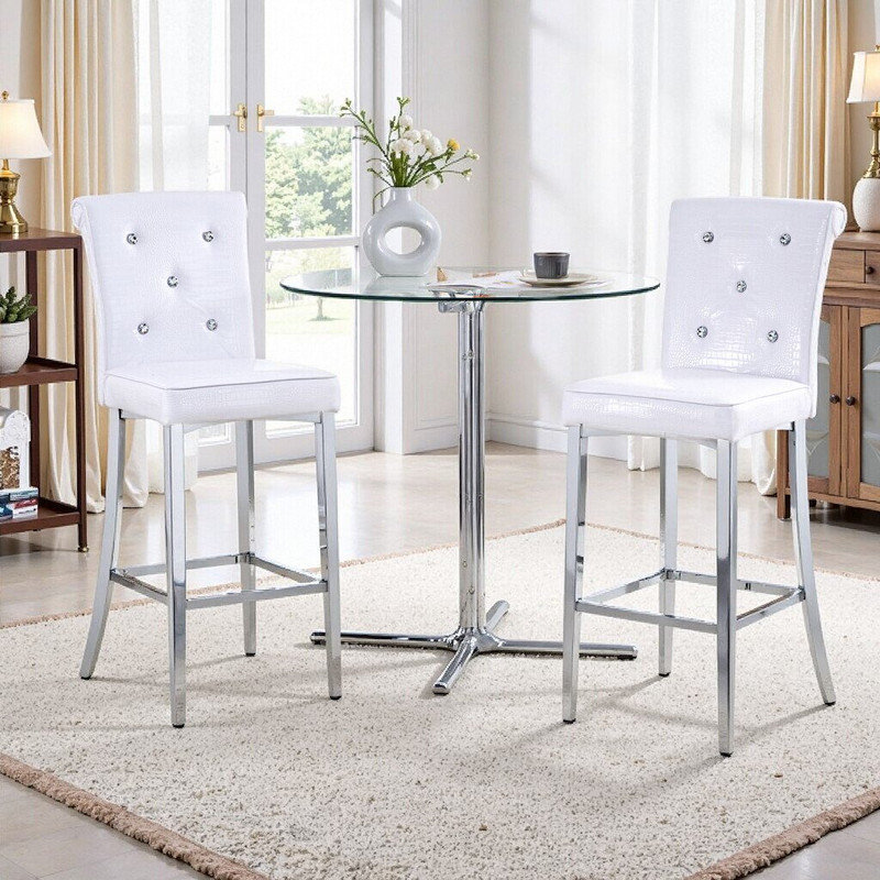 Ensemble de salle à manger 3 pièces à hauteur de bar avec table en verre et tabourets rembourrés, Argent, blanc