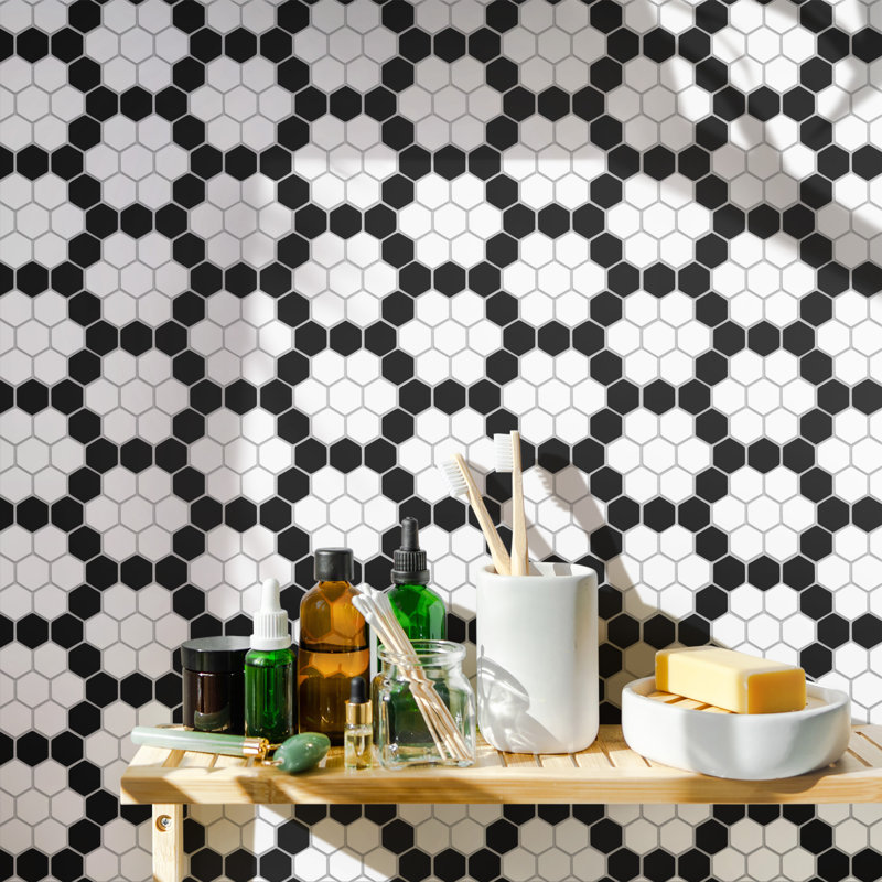 Metro 1" Hex Matte White with Black Honeycomb 10-1/4" x 11-7/8" Porcelain Mosaic Tile