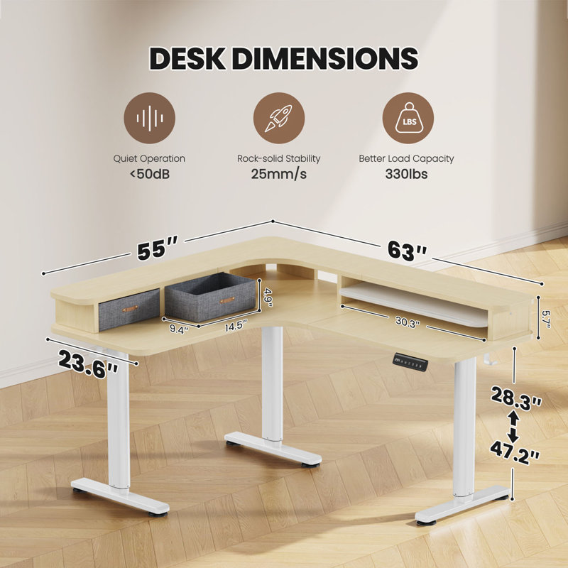 Bureau debout en L de 63 po avec tiroirs et roulettes, bureau réglable en hauteur à deux moteurs , Beige / Blanc