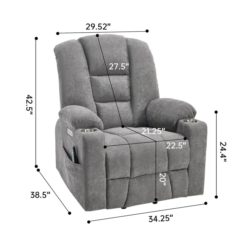 Power Lift Recliner Chair With Massage And Heat For Elderly, Overstuffed Wide Recliners, Heavy Duty Motion Mechanism With USB And Type C Ports, 2 Steel Cup Holders