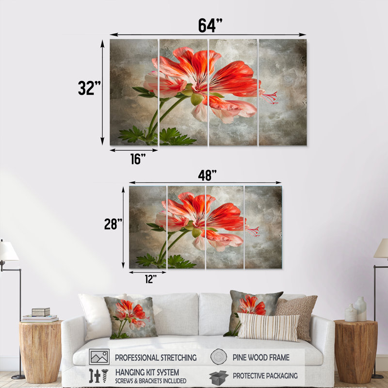 Gros plan sur un géranium rouge - géraniums, art mural 4 pièces, H 28 po x l 48 po