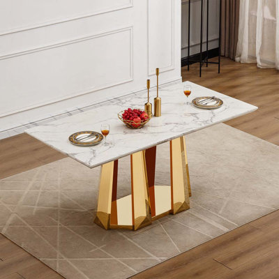 Table de salle à manger en faux marbre avec base en acier inoxydable, pour 6 personnes