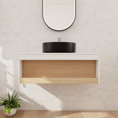 Meuble-lavabo mural simple 36 po avec lavabo en céramique et comptoir flottant avec 1 tablette ouverte