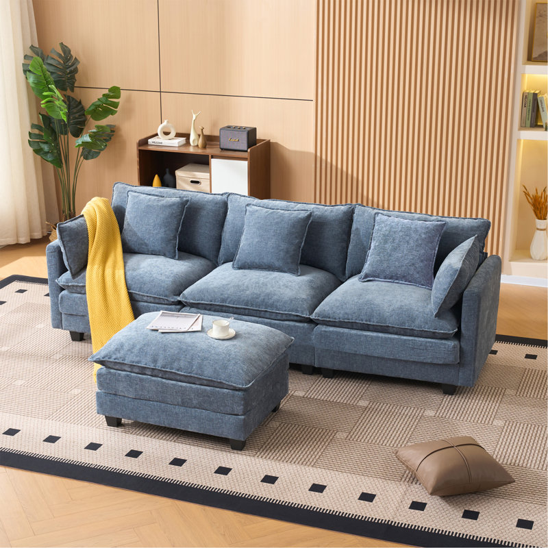 Canapé 3 places de couleur bleue avec repose-pieds avec rangement pour le salon, la chambre à coucher et la chambre compacte, canapé modulaire rembourré, banc en L avec repose-pieds