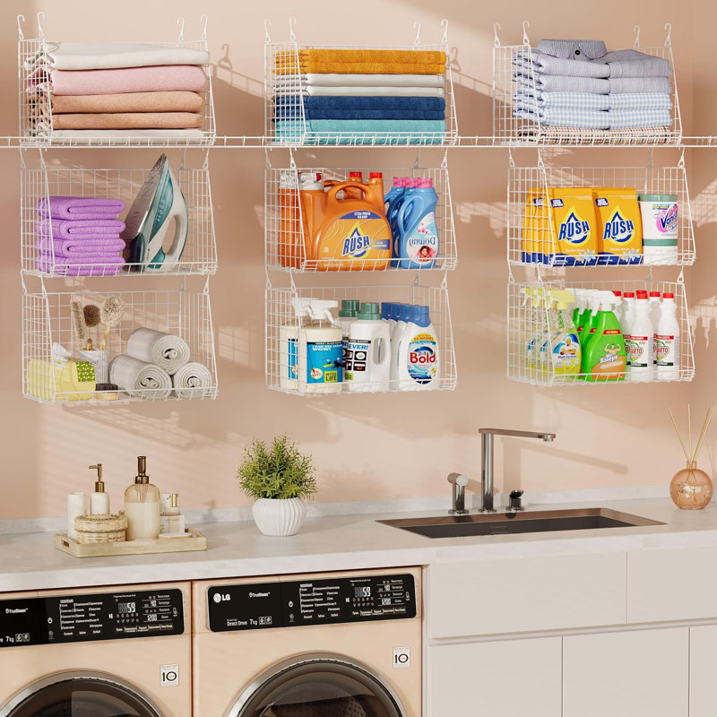 3 Pack Hanging Wire Storage Baskets Compatible with Wire Shelving Laundry Room Organizer