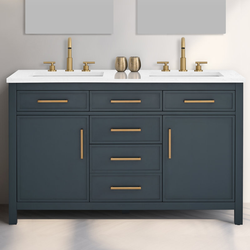 Meuble-lavabo double 54 po Wenniah, Bleu rétro / bronze brossé