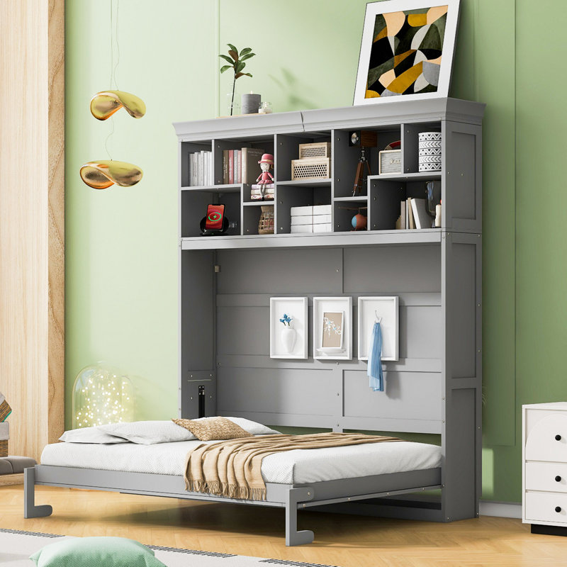 Lit escamotable mural Murphy avec tablettes supérieures et USB, Gris