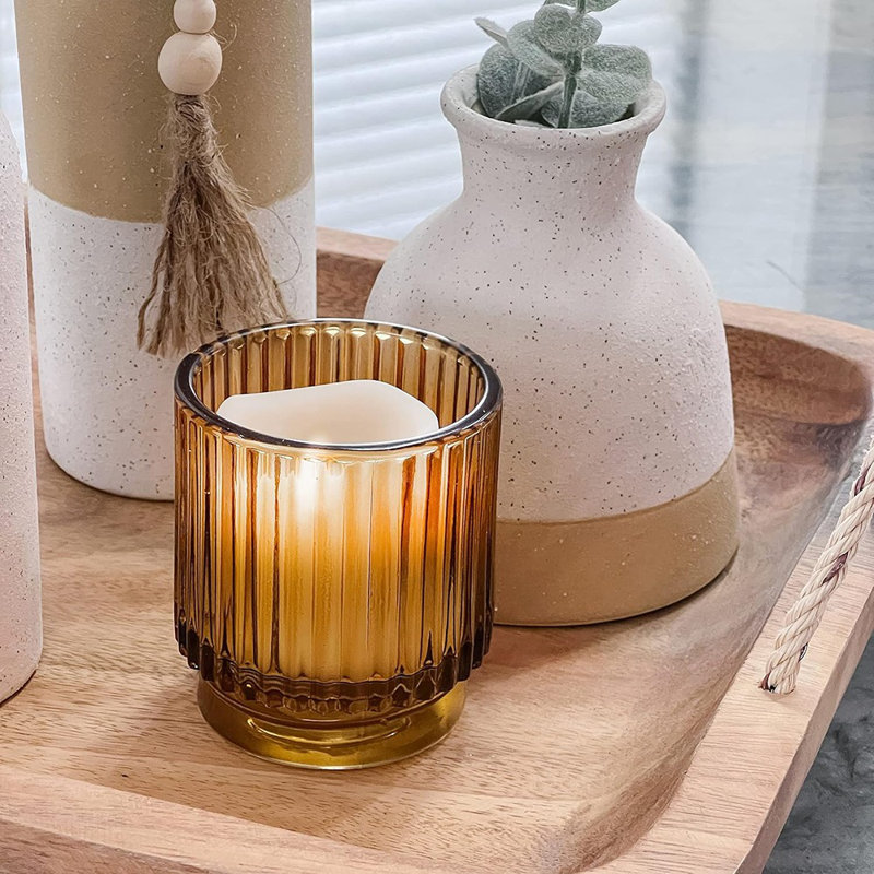 Vintage Ribbed Amber Glass Tealight & Votive Candle Holders (Set Of 6), Fall Decor, Boho Decor, Shelf Decoration (27206AB)