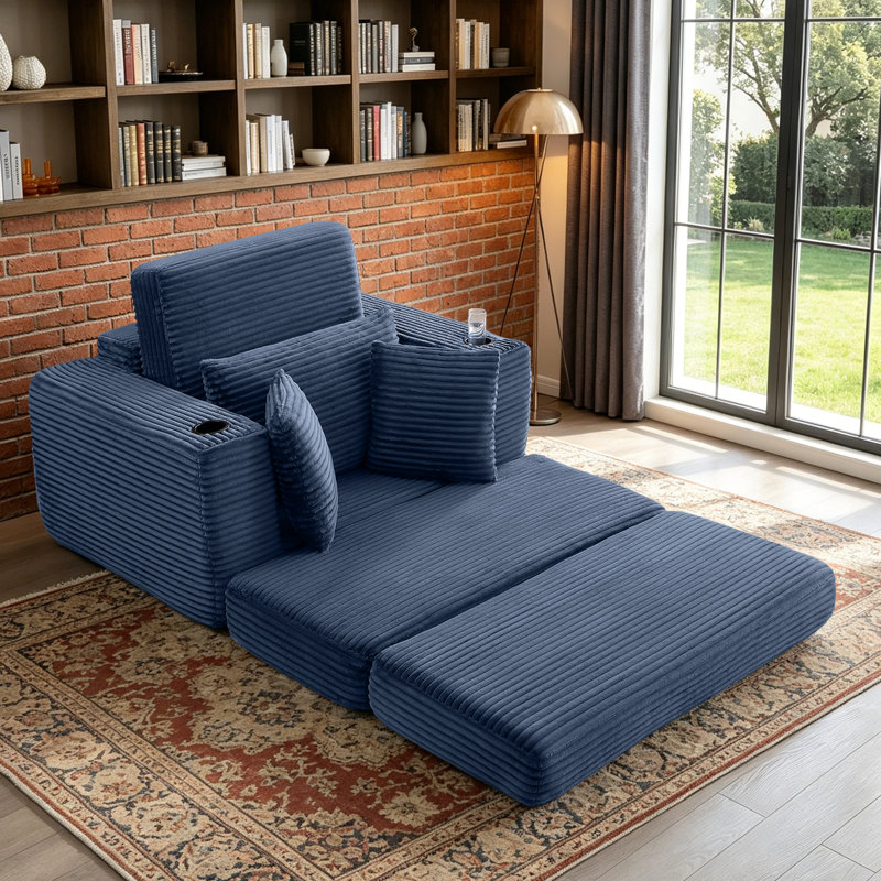 Masir Oversized Modular Lounge Chair, Convertible Sleeper Sofa with Ottoman & Cup Holders, Blue Corduroy., Blue