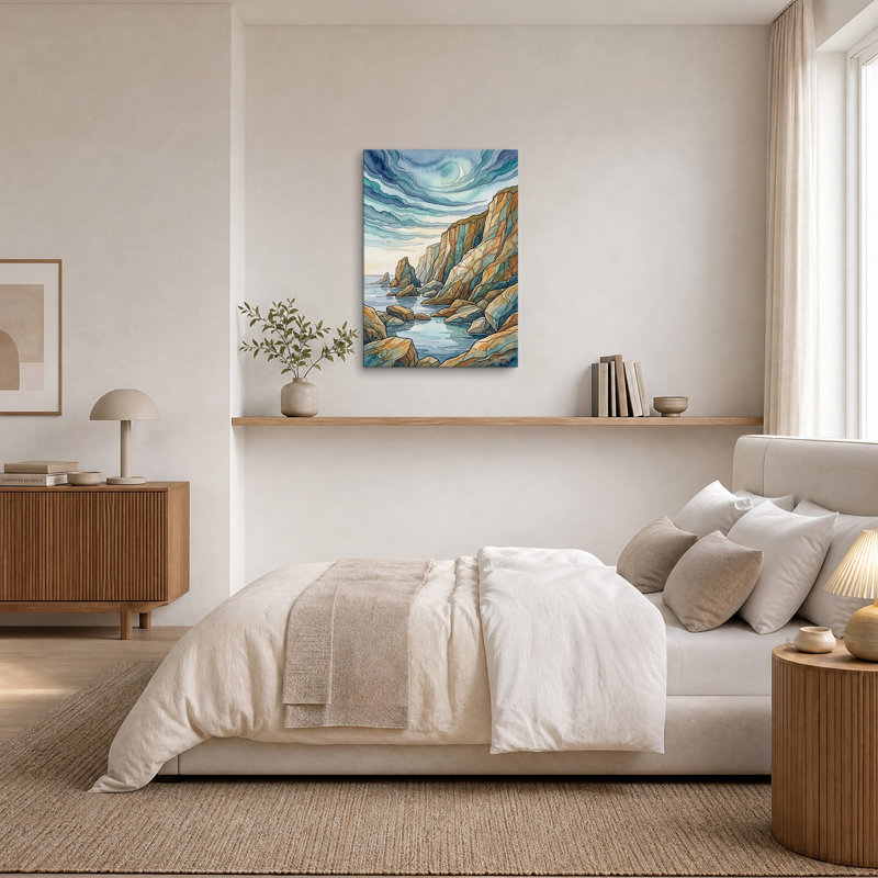 Tableau sur toile de style aquarelle représentant des falaises rocheuses et un croissant de lune, H 24 po x l 18 po