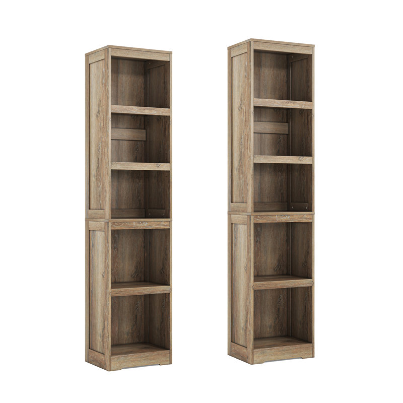 Patrick 5-Tier Modern Wood Bookcase With Adjustable Shelves - Set of 2, Light Gray, (5 Shelves) 15.6”W