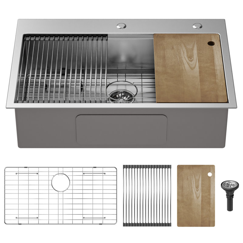 Évier de cuisine à simple cuve à montage sur plan avec accessoires 33 po L x 22 po, Acier inoxydable