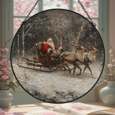 Père Noël en traîneau avec panneaux de vitrail renne Suncatcher pour décor de fenêtre