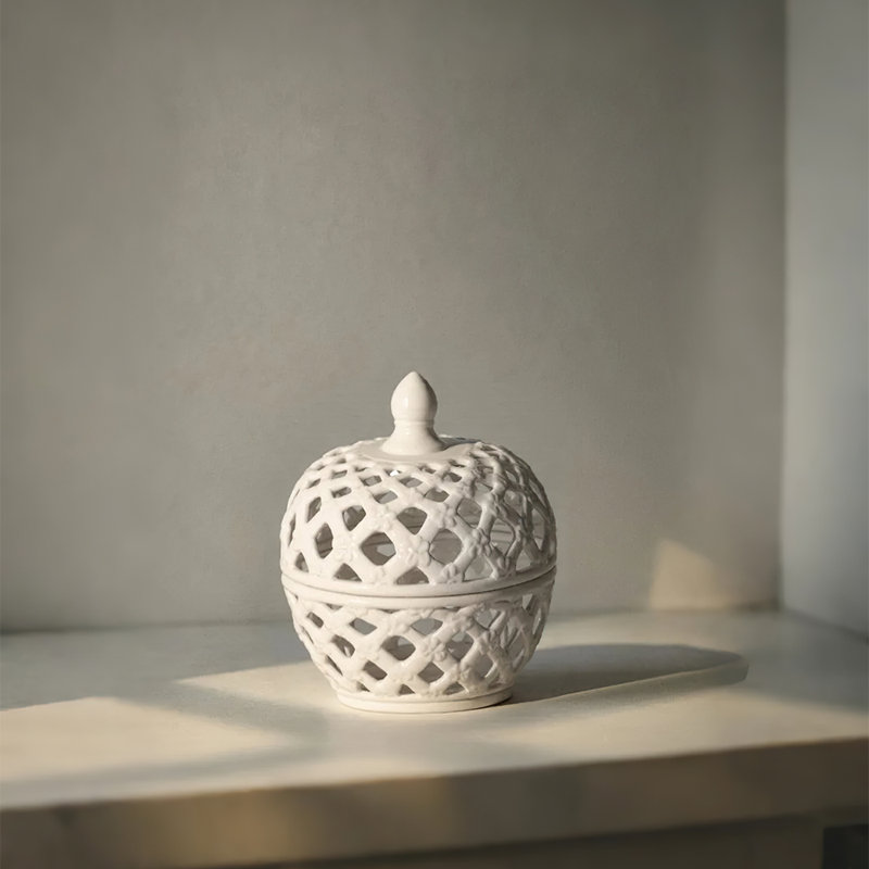 White Lattice Ginger Jar with Lid, Decorative Ceramic Storage Jar
