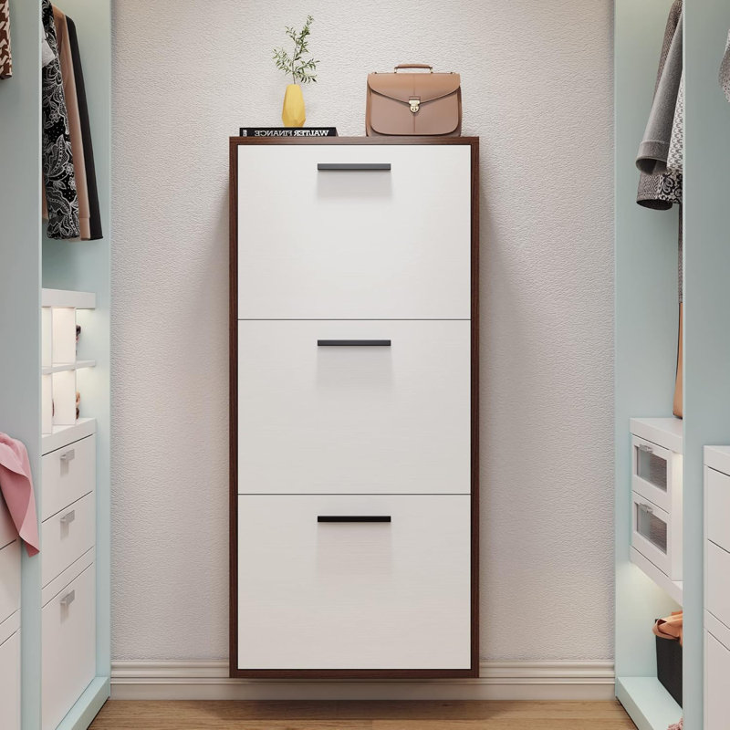 Latitude RunÂ® Shoe Cabinet , Wall Mounted Shoe Organizer With 3 Flip Drawers, Walnut/White, 43.3" H x 15.7" W x 6.3" D
