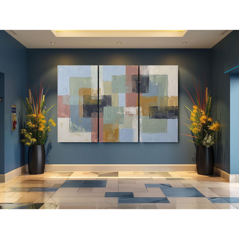 Reproduction d'art abstrait géométrique sur toile - triptyque sur toile, motif carré moderne, grande peinture de bureau 3 pièces, tons terreux minimalistes, reproduction de peinture