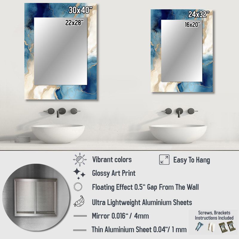 Bleu et or marbré nuages - miroir mural unique Fractals, miroir moderne, art imprimé en métal, 32 po x 24 po