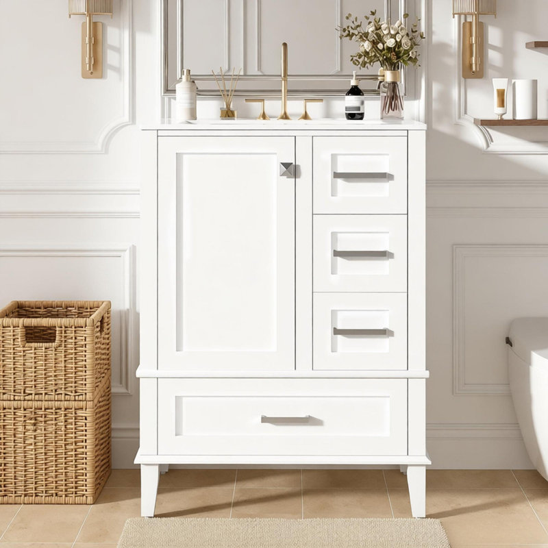 Meuble-lavabo de 24,8 po avec lavabo en céramique, armoire autoportante moderne avec porte à fermeture en douceur, tiroir profond, tiroir peu profond et tiroir large pour un rangement peu encombrant