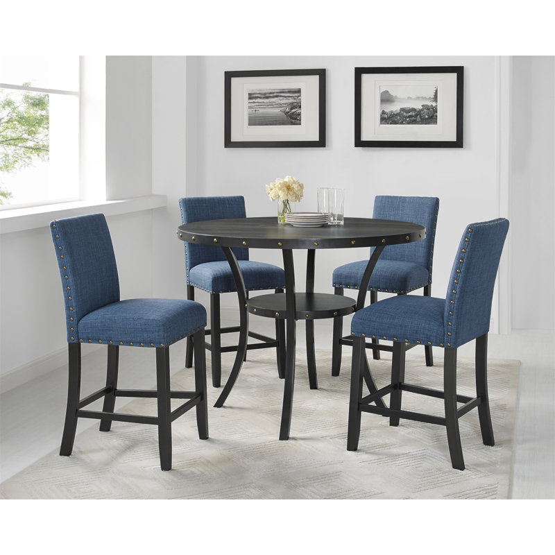 Biony Espresso Wood Counter Height Dining Set With Fabric Nailhead Stools, Blue