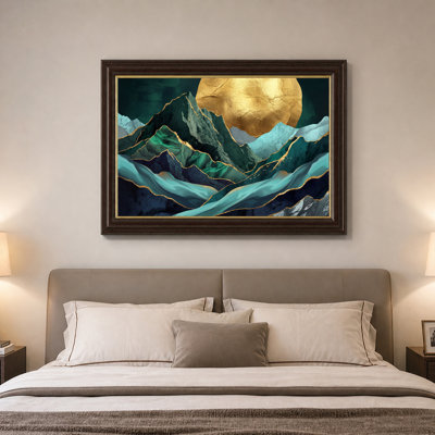 Art mural sur toile Teal Mountains and Gold Moon Over Flowing Waves