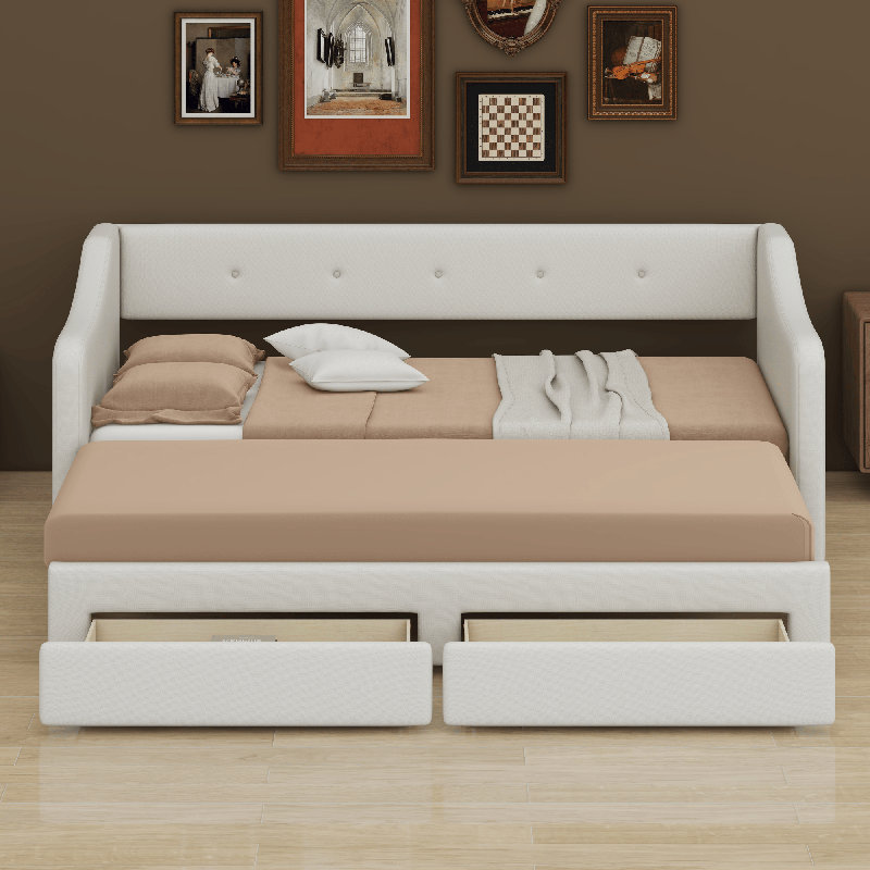 Lit de jour rembourré avec tiroirs, Beige