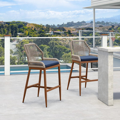 Purple Leaf Patio Upcycled Fabric Bar Stools 28" H Set Of 2 Handwoven Wicker Bar Height Stool Modern Aluminum High Bar Chairs Outdoor Wicker Barstools