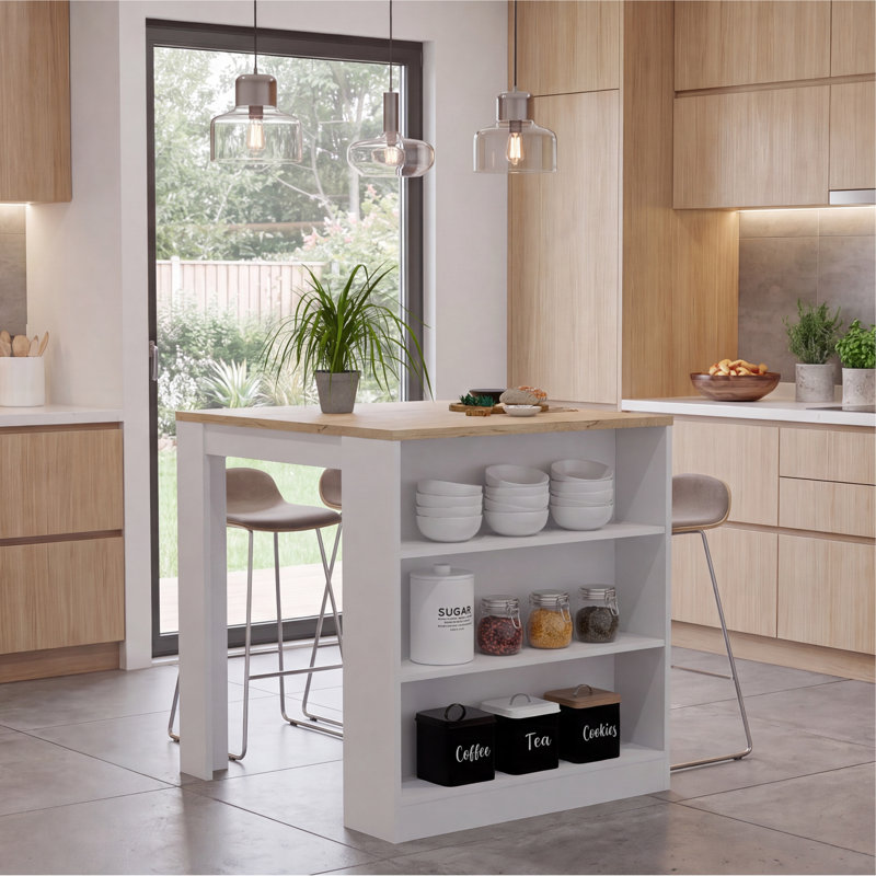 Tanna Kitchen Counter Dining Table with Three Side Shelves, Top Counter Table and Two Legs, Freestanding Kitchen Table, White